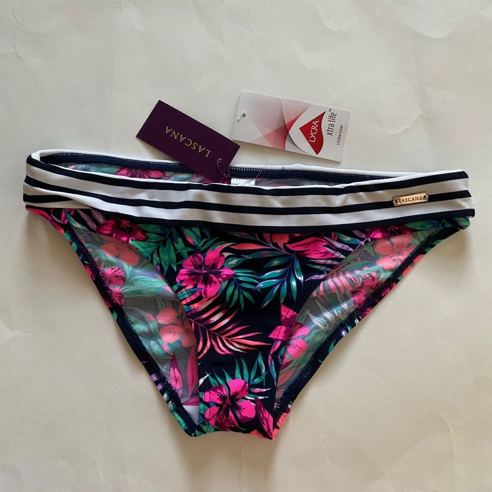 Lascana Sz 4 Floral Contrast Classic Bikini Swimsuit Bottom Contrast Trim Green